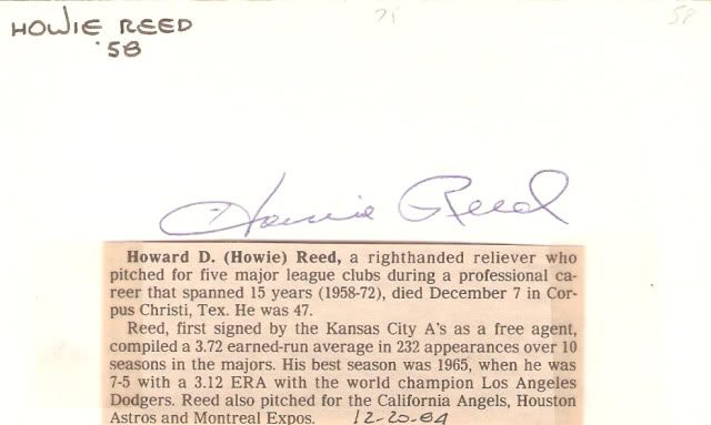 Howie Reed autograph in the Astros A to Z collection